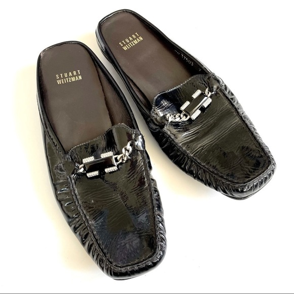 Stuart Weitzman Black Slip On Chain Link Loafer Mules 8 - Picture 1 of 10
